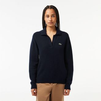 Lacoste Womens Crocodile Logo Collared Neck Long Sleeve Sweater in Navy Blue - Size 12 UK