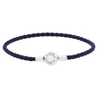 Pandora Moments Round Clasp Blue Braided Leather Bracelet