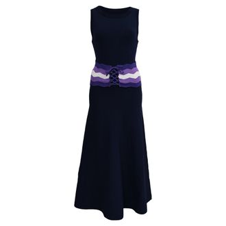Sandro Sandro Kimiko Corset-Detail Midi Dress in Navy Blue Polyester