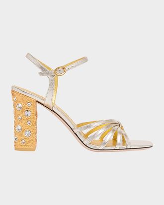Valentino Garavani 90mm Valenti Embellished-Heel Metallic Leather Sandals