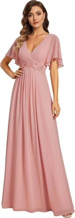Ever-pretty Womens Chiffon V Neck Short Sleeves Appliques Formal Evening Dresses Bridesmaid Dusty Rose 14