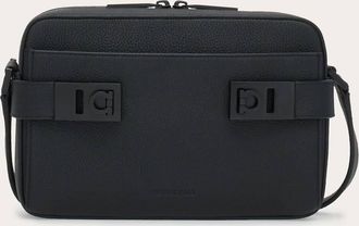Ferragamo Mens East-West Crossbody Bag With Gancini Buckles In Black