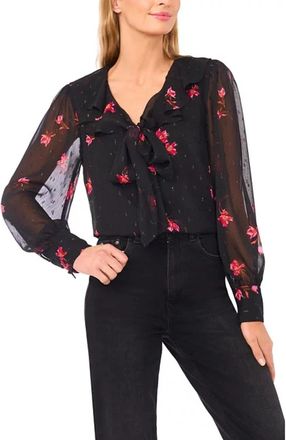 CeCe by Cynthia Steffe Blouse Top Womens Rich Black Floral Ruffle V Neck Long Sleeve GBO3553