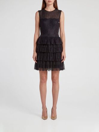 Elisabetta Franchi Mini abito A-line in pizzo e tulle con spalle scoperte e balze