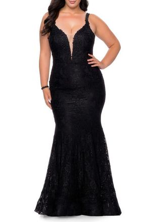 La Femme Plus SIze Dress Lace Fitted Long Gown in Black at Nordstrom, Size 20W