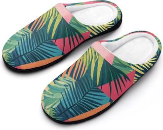 Generic 80S Triangles And Palm Trees Mens House Slippers Memory Foam Washable Cotton Slip on Home Shoes