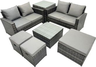 Fimous Pe Rattan Garden Furniture Set Lounge Double Seat Sofa Coffee Table Set with Side Table 3 Stools Dark Grey Mixed - Fimous