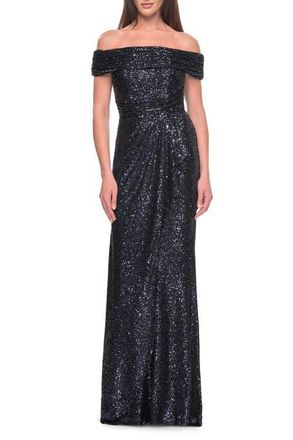 La Femme Off the Shoulder Sequin Gown with Ruching in Navy at Nordstrom, Size 14