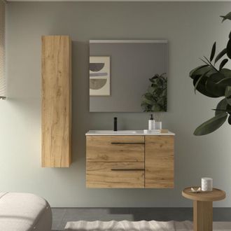 Cygnus Bath Mueble De Ba&ntilde;o Yara Plus 90cm Roble Lavabo Porcelana Grifo Izquierda 1p