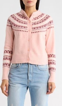Madden Girl Fair Isle Jacquard Crewneck Crop Cardigan in Silver Pink Combo at Nordstrom Rack, Size X-Large