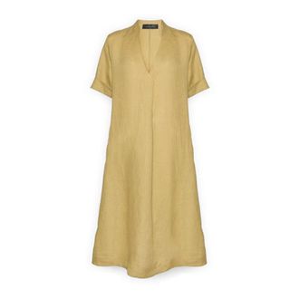 Elena Miro Linnen jurk met V-hals - Dames - Casual kleedjes - Groen - XL - Linnen - Kleedjes