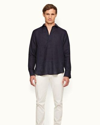 Orlebar Brown Percy Linen Classic Collar Overhead Linen Shirt in Dark Navy at Nordstrom, Size Xxx-Large