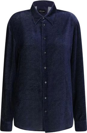Giorgio Armani Zijden Blend Devor&eacute; Fluweel Twill Shirt - Heren - Overhemden - Blauw - Maat: XL Zijde