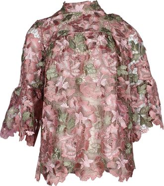 Anna Sui Mock Neck Floral Lace Blouse in Pink Polyester