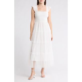 Blu Pepper Mesh Smocked Tiered Midi Dress in White at Nordstrom Rack, Size Medium