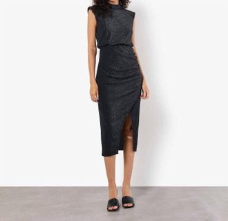 Apricot Sparkle Mock Neck Ruched Midi Dress In Black