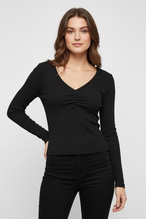Only Langarmshirt ONLY ONLBETTY LIFE L/S SCALLOP V-NECK CC JRS, Damen, Gr. L, schwarz, Jersey, Obermaterial: 95% Baumwolle, 5% Elasthan, unifarben, h&uuml;ftlan