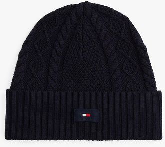 Tommy Hilfiger Mens Cable Knit Wool-Blend Beanie - Navy