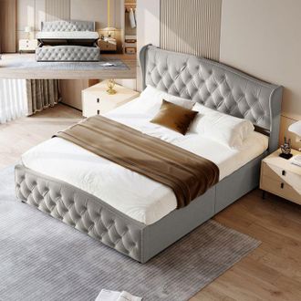 OEM Cama Lit 140x200 Cm Terciopelo Gris - Marco De Metal Y Madera, Somier De Lamas, Almacenamiento Hidr&aacute;ulico