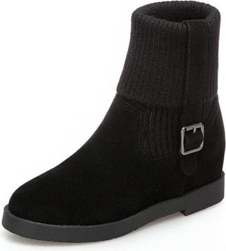 Generic Womens Suede Ankle Boots Knitted Cuff Buckle Hidden Wedge Heels Comfortable Slip-Resistant Durable Casual Daily Office Work Shoes,Black,6.5 UK
