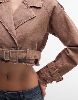 Liquor & Poker Giacca biker corta in denim beige scuro slavato con cintura con fibbia-Neutro