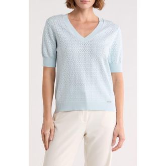 T Tahari V-Neck Mitered Pointelle Sweater in Ice Blue at Nordstrom Rack, Size X-Small