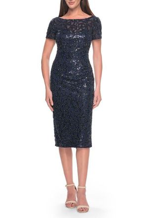 La Femme Short Evening Dress with Intricate Beaded Sequin Design in Navy at Nordstrom, Size 10