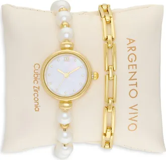 Argento Vivo Mother-of-Pearl Watch & Chain Bracelet Set in Gold at Nordstrom Rack