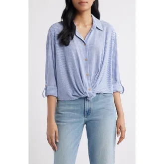 Beach Lunch Lounge Vivica Stripe Twist Hem Button-Up Shirt in Ocean Veil at Nordstrom, Size X-Large