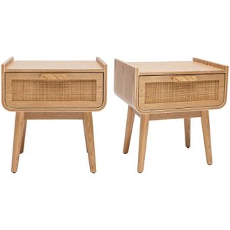 Miliboo Comodini con cassetto in legno massello chiaro e motivo a intreccio in rattan (set di 2) ATH&Egrave;NE