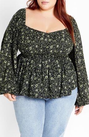 City Chic Monroe Smocked Top in Olive Ditsy at Nordstrom, Size Xxs