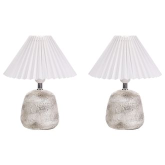 Beliani Beliani - Conjunto De 2 L&aacute;mparas De Mesa De Cer&aacute;mica Mesita De Noche Pantalla Sint&eacute;tica De C&uacute;pula Plisada Gris Y Blanca Zeyi