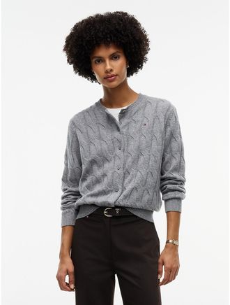 Tommy Hilfiger Womens Boxy Fit Cable Knit Wool Cardigan - Medium Grey Heather - XXS
