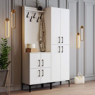 Dmora Mueble De Entrada Fondra, Perchero, 7 Estantes, Puerta Abatible, 120x35x200h Cm Blanco