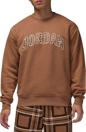 Nike Essentials Plaid Logo Fleece Crewneck Sweatshirt in Acorn Brown/Sail at Nordstrom Rack, Size Xx-Large