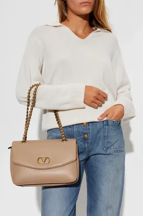 Valentino Garavani Leather Bag With Logo, Womens, Beige