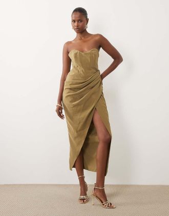 Asos Vestito a fascia drappeggiato verde oliva con spacco e gonna al polpaccio