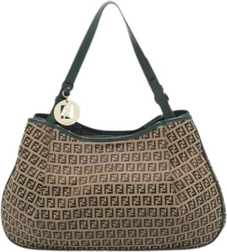 Fendi Pre-owned Shoulder Bags, female, Green, Size: ONE SIZE Pre-owned Canvas Shoulder Bag
