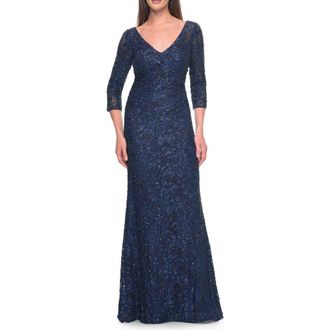 La Femme Fitted Beaded Lace Evening Gown with Ruching in Navy at Nordstrom, Size 12