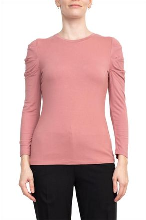 Catherine Malandrino Crewneck Long Sleeve Ruched Shoulder Solid Knit Top In Mountain Rose