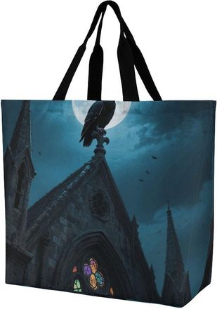Generic Black Owl On Church Tote Bag Large Capacity Shoulder Bag Durable Grocery Bags For College Daily Use Camping