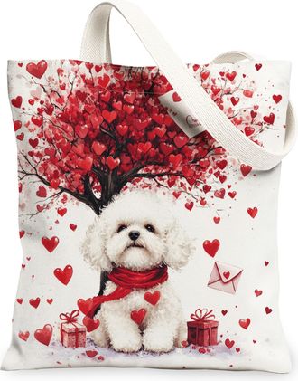 Generic Valentines Day Boxer Dog Canvas Tote Bag for Shopping 13x15, Fun Heart Tree Puppy Reusable Grocery Print Bag for Women, Pet Beach Aesthetic Painting G