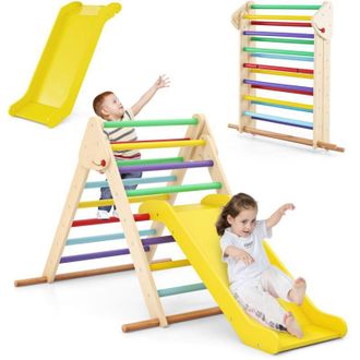 Costway Triangolo di arrampicata Montessori per bambini con scivolo, scala di arrampicata pieghevole in legno con struttura stabile, portata 50 kg, per