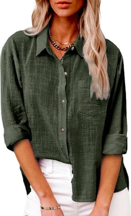 Generic Womens Long Sleeve Shirt Tops Casual Button Down Cotton Linen Shirts Women Summer Blouses V Neck Roll Up Collared Loose Oversized Tees Dressy Tops for