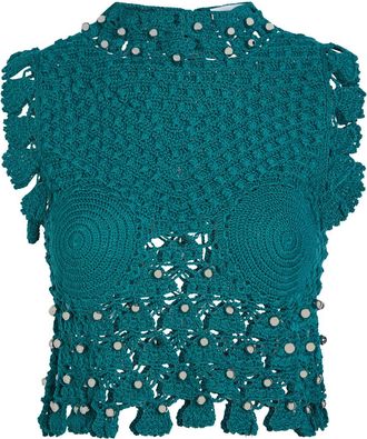 Paco Rabanne Bead-embellished Crochet Cotton Crop top - Green - S (UK8-10 / S)