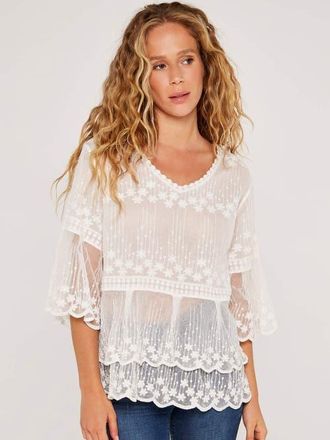 Apricot Embroidered Cotton Mesh Top in Cream at Nordstrom, Size Small/medium