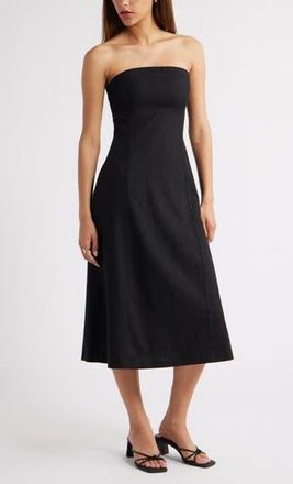 Open Edit Strapless Linen Blend Midi Dress in Black at Nordstrom Rack, Size X-Large