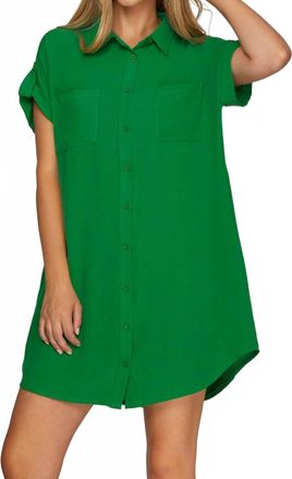 She + Sky Drop Shoulder Button Up Woven Shirt Dress In Green
