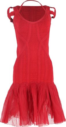 H&eacute;rve L&eacute;ger Pre-owned Womens Herve Leger Knitted Tulle Bandage Midi Dress in Red Viscose - Size EU 38 (Womens)