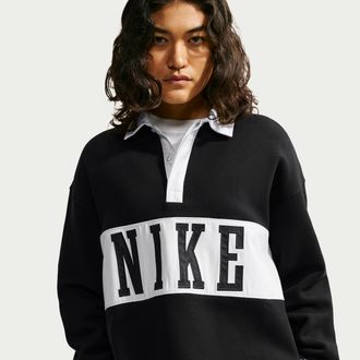 Nike Womens Studio Fleece Medium Weight Oversized Rugby Sweatshirt in Black | IU1135-001